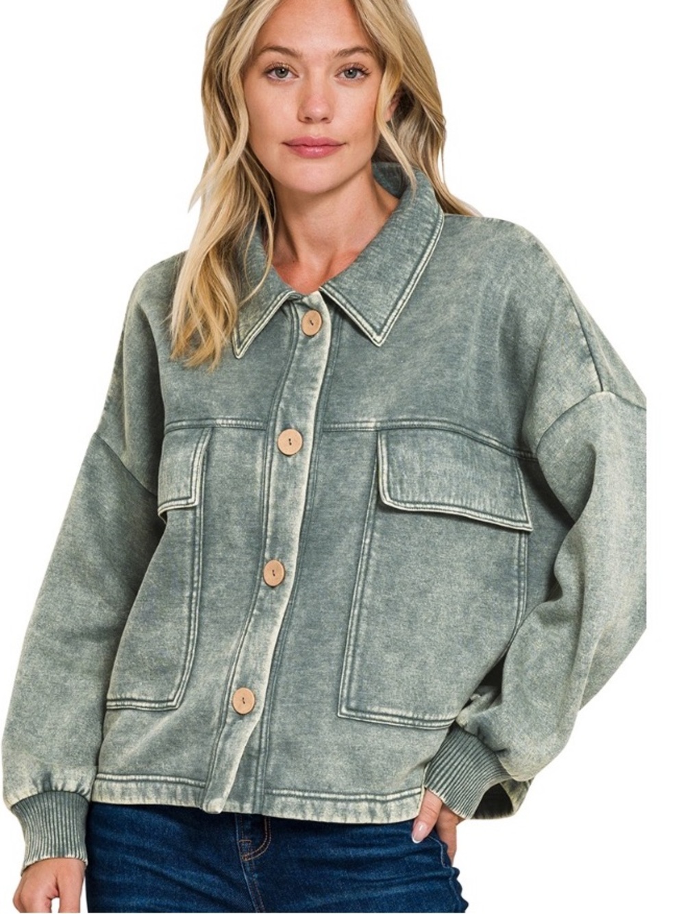 🦋 178 ZENANA ACID WASHED FLEECE FRONT POCKET SHACKET AND PANT - Picture 2 of 4